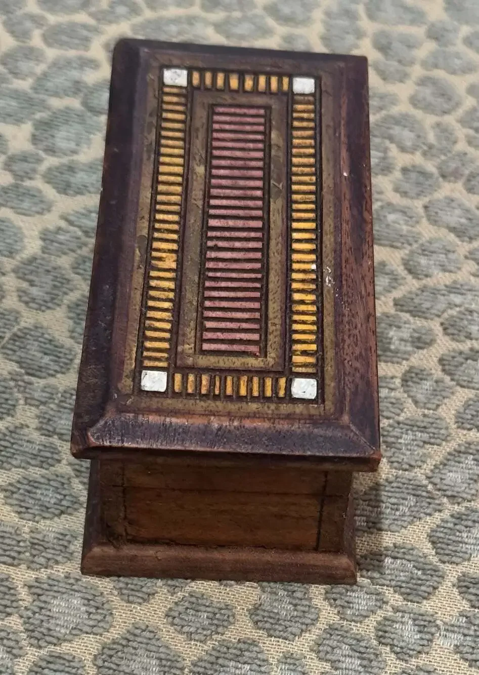 VTG Hand-Inlaid Marquetry Wood Trinket Jewelry Box w/Geometric Mosaic Patterns